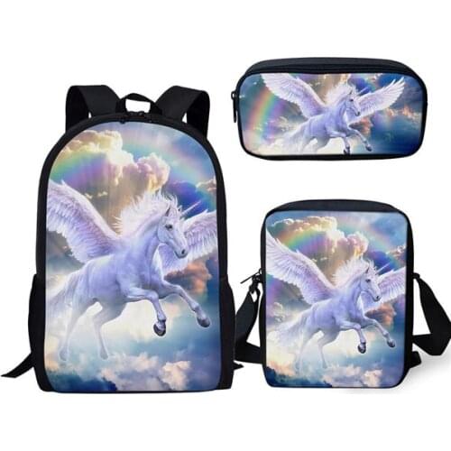 Kids Shoulders Backpack Fantasy Horse Prints Pattern Primary School Toddler 3PCs Set Book Bag/Flaps Bag/Pen Bag