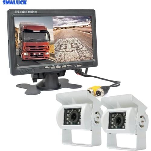 SMALUCK DC12V - 24V 7" 2 Split LCD Screen Car Monitor HD CCD Rear View Car Camera White System for Bus Houseboat Truck