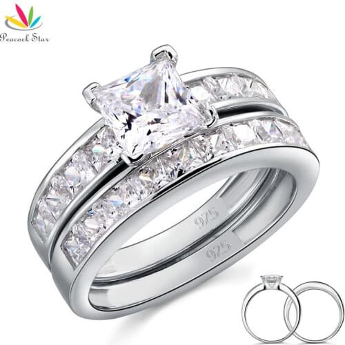 Peacock Star Solid 925 Sterling Silver 2-Pcs Wedding Engagement Ring Set 1 Ct Princess Cut Jewelry CFR8020