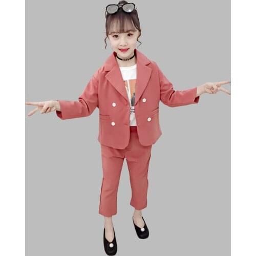 Set Clothes For Girls Solid Jacket Outerwear Pants 2PCS Girl Suit Set Full Length Kids Girls Clothes Set 6 8 10 12 14 Year