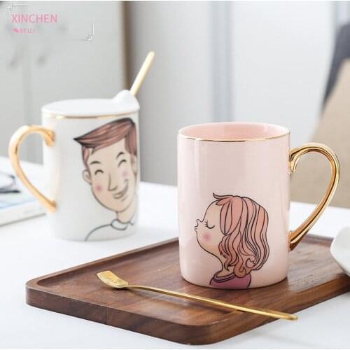 Creative Porcelain Boy Girl Mugs Office Decor Birthday Wedding Cup Gift Ceramic for Coffee Milk Home with Lid Spoon Couple Style