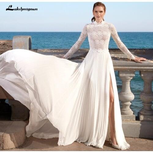 Lakshmigown Simple Bohemian Wedding Dress 2021 Long Sleeve High Neck Open Back Chiffon Beach A-Line Bridal Gowns With High Slit