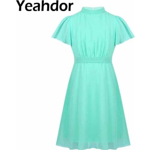 Girls Summer Chiffon Dress Casual A-line Ruffled Short Sleeves See-Through Split Back Sash Kids Birthday Party Princess Dress