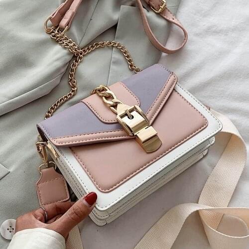 Fashion chain lady Sling bag Panelled color PU Leather Crossbody Bag For Women Wide strap Shoulder Messenger Bag Ladies