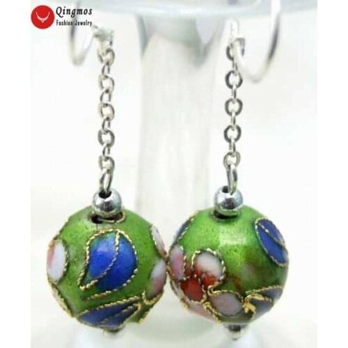Qingmos Trendy Cloisonne Earrings for Women with 12mm Green Round Cloisonne & White Flower Dangle 2" Earring Fine Jewelry ear213