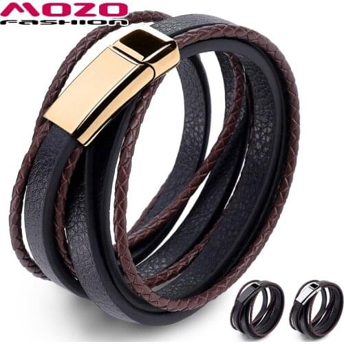MOZO Fashion Womens Bangle Jewelry Men Black Leather Rope Chain Stainless Steel Bracelet Vintage Hand Strap
