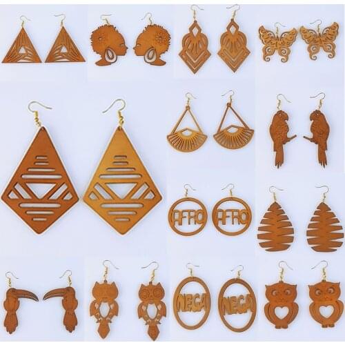 Wholesale Price Good Quality Wood Earrings Organic brown Hollow African Woman Wooden Brincos