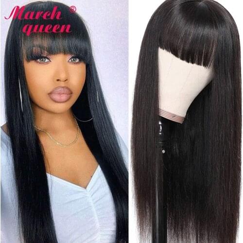 March Queen Peruvian Machine Made Straight Human Hair Wigs With Bangs Short Long Hair Wig Human For Black Women Non-Remy Hair