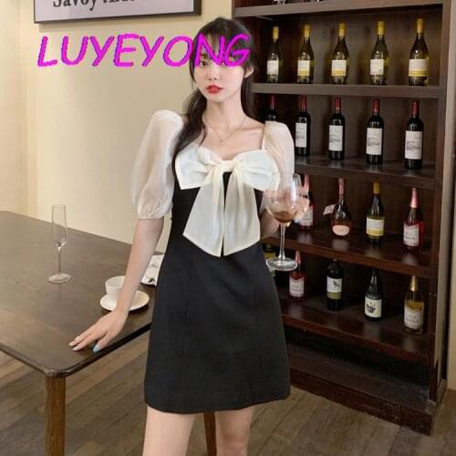 Puff Short Sleeve Girl Sweet Big Bow Party Dresses Plus Size Vintage Elegant Lady Mini Dress Strapless Backless Empire Vestidos