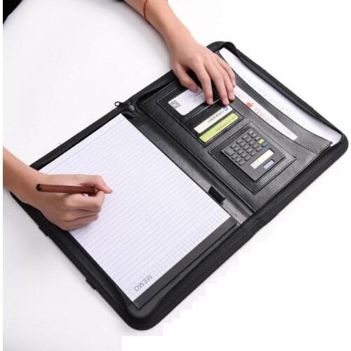With Calculator Handle Padfolio Office School Manager Papers Pouch Student Supply A4 PU Zipper File Folder Briefcase
