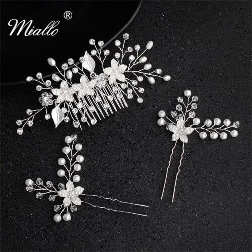 Miallo 2019 Fashion Flowers Wedding Hair Comb +2Pcs Hairpins Bridal Hair Jewelry Accessories Handmade Headpieces Princess Tiaras