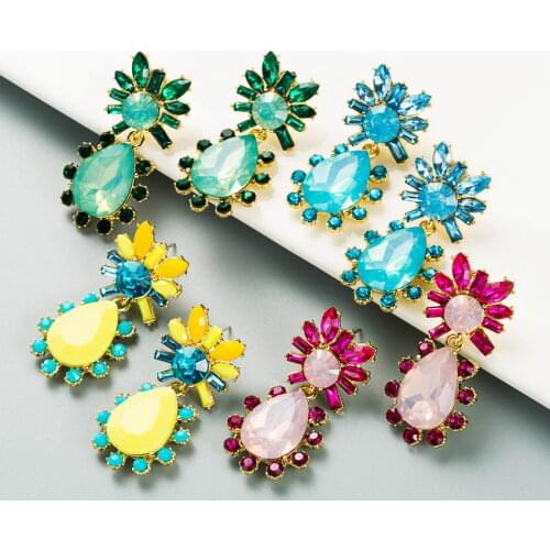 Paved Crystal Floral Faceted Rhinestone Embellished Teardrop Dangle Earrings for Women New Summer Statement Earrings Boutique