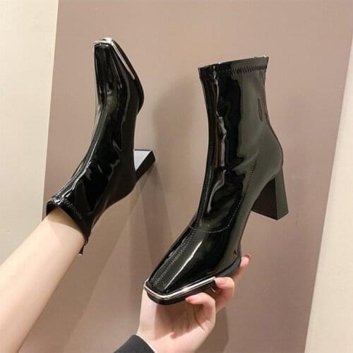 Women Ankle Boots High Heels Patent Leather Square Toe Back Zip Dropshipping Shoes High Quality Office New Autumn Females Shoes