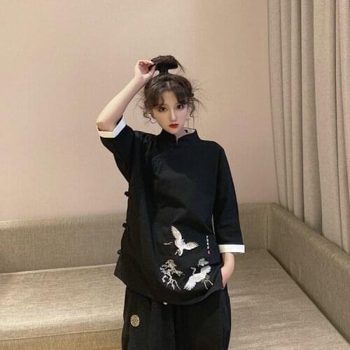 Women Men Chinese Style Tang Suit Crane Embroidery Oriental Clothing Casual Retro Fashion Cheongsam Top Blouse Kungfu Set KK3684