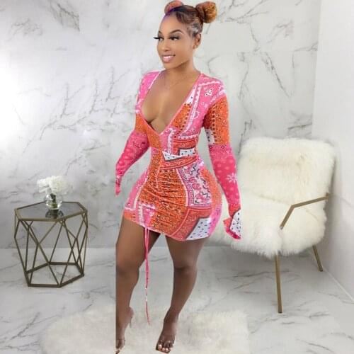 Womens Dress Vintage Paisley Bandanna Print Ruched Drawstring Dresses Early Autumn Long Sleeve Deep V Neck Package Hip Robe