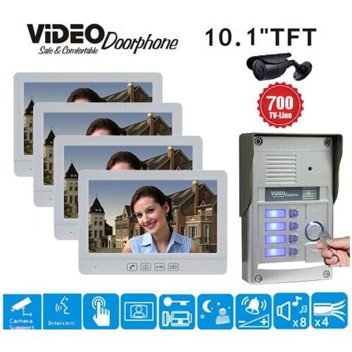 ZHUDELE New 10.1 inch Color Video Door Phone Intercom Doorbell System for 4-apartments ID CARD unlock Waterproof IR HD Camera
