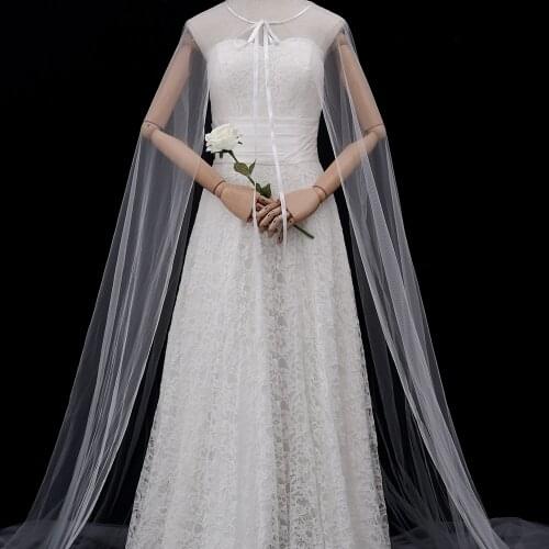 ZMG16 2M Long Bridal Shawl Tulle with Ribbon Edge Wedding Wrap Cloak Cape for Marriage Party Accessories Bolero for women