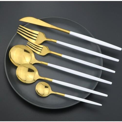 24pcs Dinnerware Set White Gold Cutlery Set 304 Stainless Steel Knife Forks Spoons Dinner Set Kitchen Silverware Tableware Set