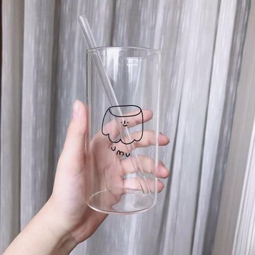400ml Korean Printed Transparent Glass Coffee Tea Drinks Dessert Breakfast Cup Small Fresh Milk Juice Cold Water Cup With Straw