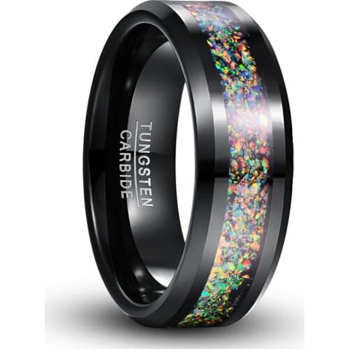 8mm Black Color Electroplated Polished Natural Colorful Opal Tungsten Carbide Rings Mens Jewelry Wedding Bands Rings