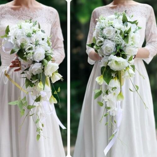 Handmade White Green Wedding Floral Bridal Bouquet Artificial Flowers Bride Hand Holding Bouquets Photography Decorative Flower