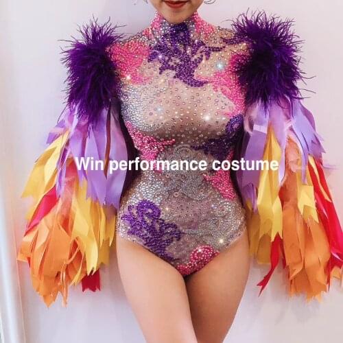 Sparkly Rhinestones Mixed Color Ribbon Sleeve Bodysuit Party Celebrity Outfit Bar Nightclub Dance Costume Performance Stage Wear
