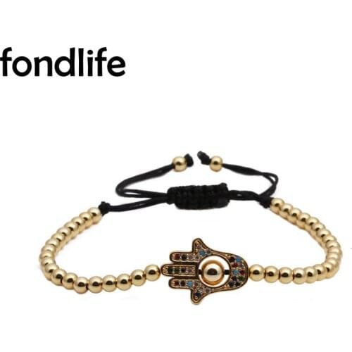 Polychrome AAA Cubic Zirconia Stones Hamsa Hand Of Fatima Charm Bracelet Women Men Trendy Gold-plated 4mm Copper Beads Jewelry