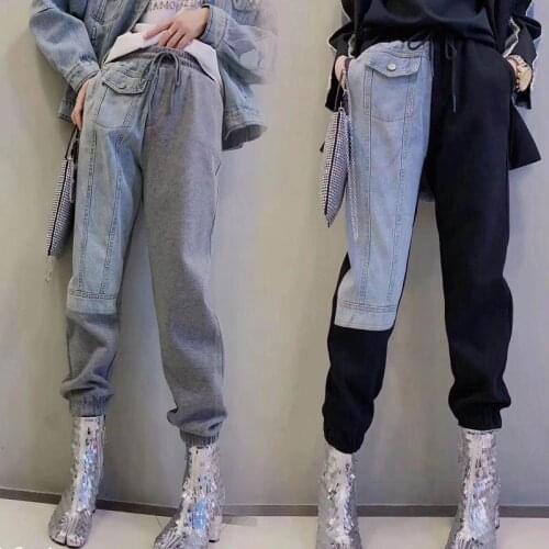 Wenfly Women Elastic Waist Lace-up Pocket Loose Cotton Patchwork Denim Casual Cargo Pants New Korean Harajuku Trousers Female