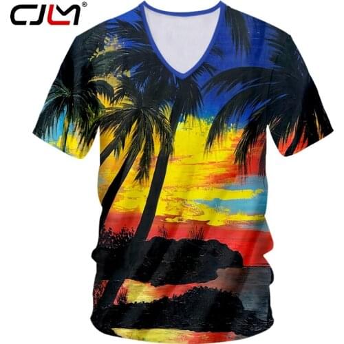 CJLM Men/womens Cool Print Coconut tree landscape 3D T-shirt With V Neck Unisex Short Sleeve Hiphop Fitness Casual Tees 7XL