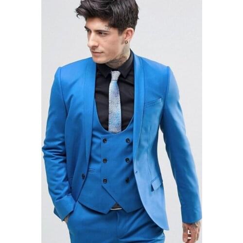Brand New Groomsmen Shawl Lapel Groom Tuxedos Blue Men Suits Center Vent Wedding Best Man Blazer (Jacket+Pants+Vest) C62