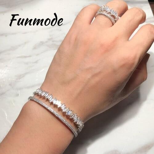 Funmode Super Luxury New Design Thin Baguette T Ring and Bracelets for Women Fashion Jewelry Finger Accessories Anel F005K