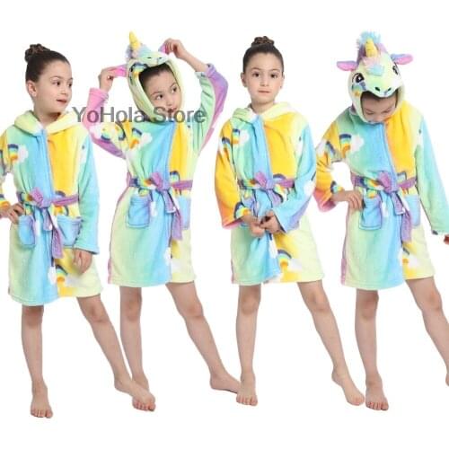Baby Robe Cartoon Hoodies Unicorn Girl Boys Sleepwear Bath Towels Kids Soft Bathrobe Pajamas Childrens Clothing Costumes