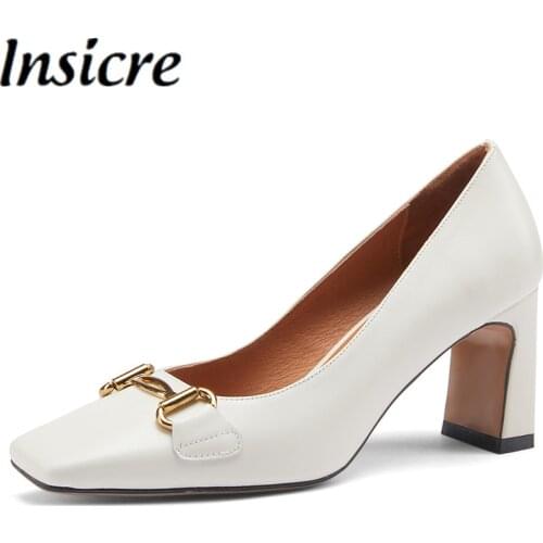 Insicre Full Genuine Leather Square Toe Women Pumps Metal Knot Big Size 43 2021 Summer Thick High Heel Shoes Beige Cow Leather