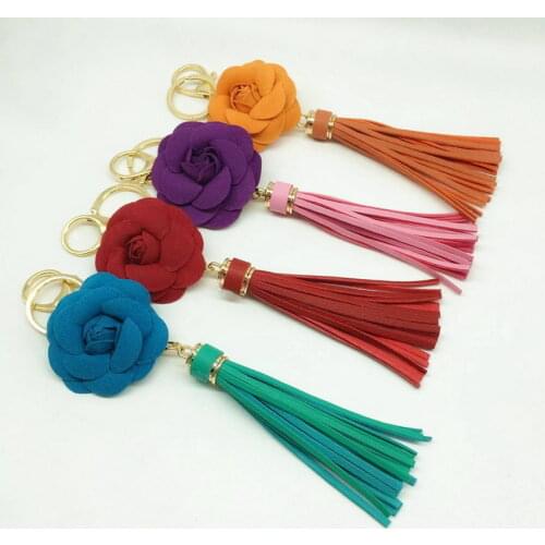 PU Leather Tassel Fabric Velvet Rose Keychain Handmade Flower Keyring Statement Bag Pendant Jewelry Wholesale