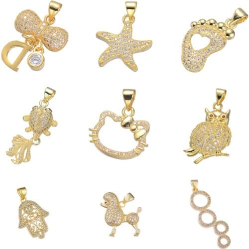 Juya Micro Pave Clear AAA Cubic Zirconia Gold/Rose Gold Cat Hamsa StarFish Owl Love Charm Pendants Accessories Supplies