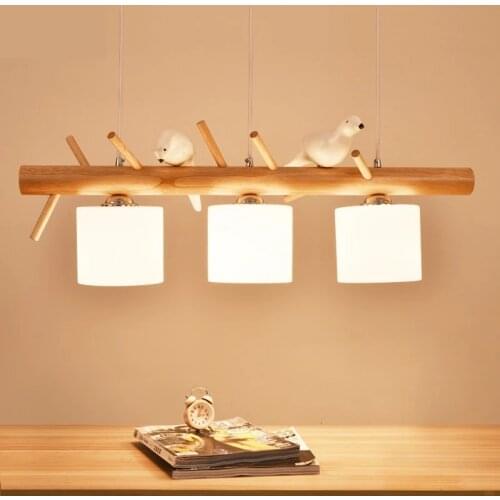 Solid Wood Bird Restaurant Chandelier Nordic Personality Long Strip White Glass LED Chandelier 2/3 Heads Living Room Study Lamp