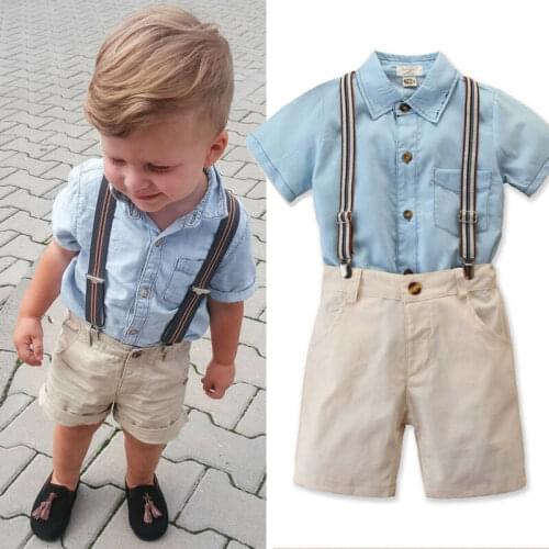 Fashion Toddler Baby Kids Boy Gentleman Clothes Short Sleeve Solid Shirt Tops +Shorts Pants Overalls 2PCS Outfits Set