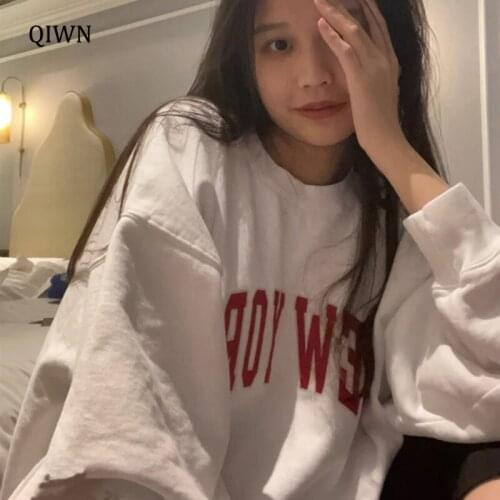Autumn Harajuku Letter Print Loose Sweatshirt Women Casual Loose Long Sleeve O-Neck White Basic Pullover College Style Girl Tops
