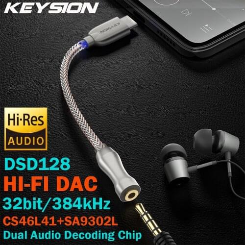 KEYSION USB TYPE C to 3.5MM DSD128 Hi-Fi Dual Audio Chip Decoder Headphone Amplifier Adapter DAC for Android Phone Window 10 MAC