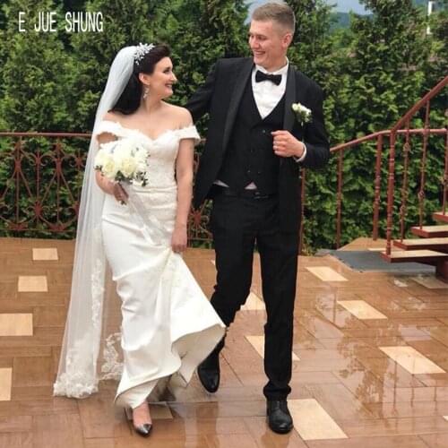 E JUE SHUNG Elegant Satin Mermaid Wedding Dresses Off The Shoulder With Appliques Lace Up Back Wedding Gowns Vestidos De Novia