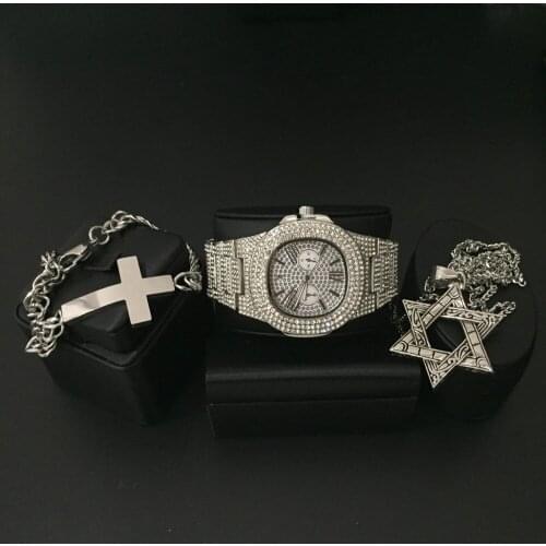 Luxury Men Silver Color Watch & Necklace & Bracelet Combo Set Ice Out Cuban Crystal Miami Necklace Chain Hip Hop For Men