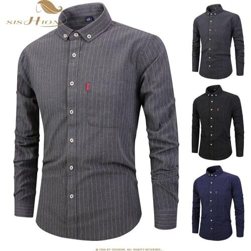 SISHION Winter Autumn Men Plus Size Shirts Striped Long Sleeve 4XL Man Shirt Business cotton Work Black Gray shirt QY0650