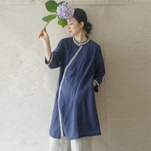 SCUWLINEN 2021 Spring Women Dress Solid Lace Patchwork Three Quarter Sleeve Loose Straight Ramie Dress Artsy Women Tops P267