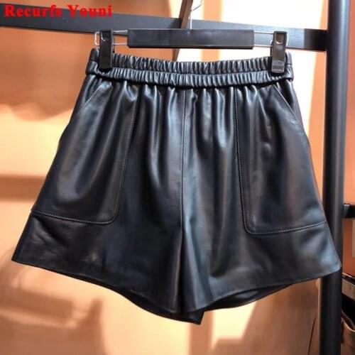 Genuine Leather Pants Women European High Elastic Waist Pockets Casual Shorts Feminino loose Black/Brown Booty Mini Calzones