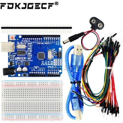 Starter Kit for Arduino Uno R3 - Bundle of 5 Items: For Uno R3, Breadboard, Jumper Wires, USB Cable and 9V Battery Connector