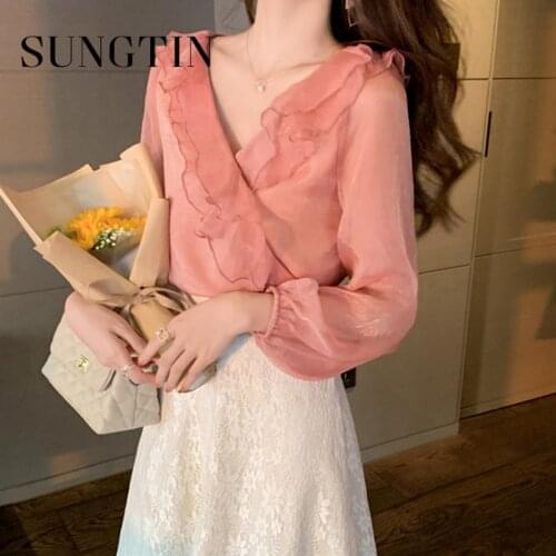 Sungtin Sweet Elegant Ruffle Sashes Blouse Shirt Women V Neck Long Sleeve Thin Blouse Spring Fashion Chic Shirt Camisas Mujer