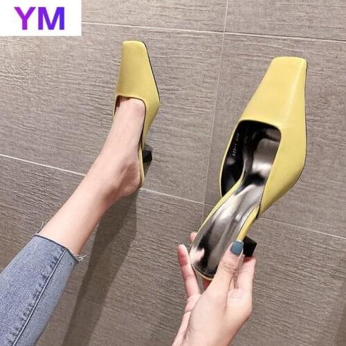 New High Heel Shoes Women Real PU Leather Pumps Footwear Square Toe Zapatos De Mujer Plataforma Slip-On Womens Shoes Fashion
