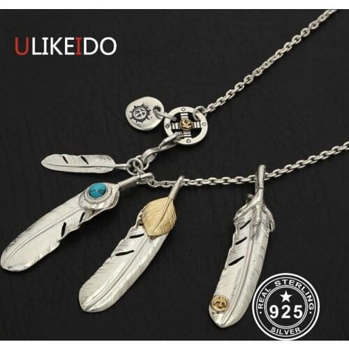 Solid 925 Sterling Silver Feather Necklace For Men Vintage Charms Takahashi Pendant Eagle Chain New Popular Jewelry P9