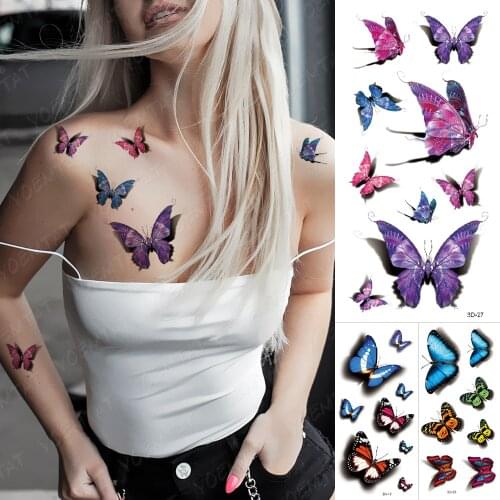 Waterproof Temporary Tattoo Sticker Butterfly Fake Tatto Flash Rose Feather Tatoo Body Art 3D Pink for Girl Women