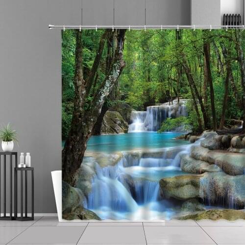 Waterfall Landscape Decor Shower Curtains Green Forest Scenery Waterproof Curtain Set Home Bathroom Screen Background Wall Cloth
